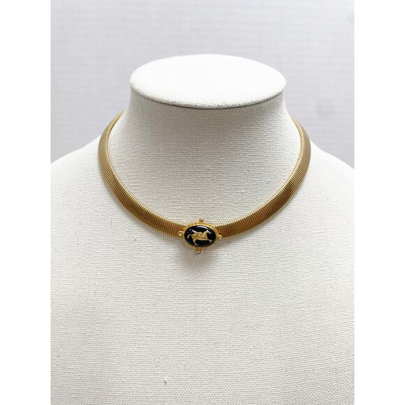 Vintage Gold-Tone Pegasus Choker Necklace Black Enamel Medallion - Picture 2 of 7